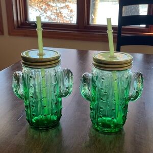 2 Green Cactus Glass Sipper Mason Jar w/ Lid & Drinking Straw 16oz NWOT